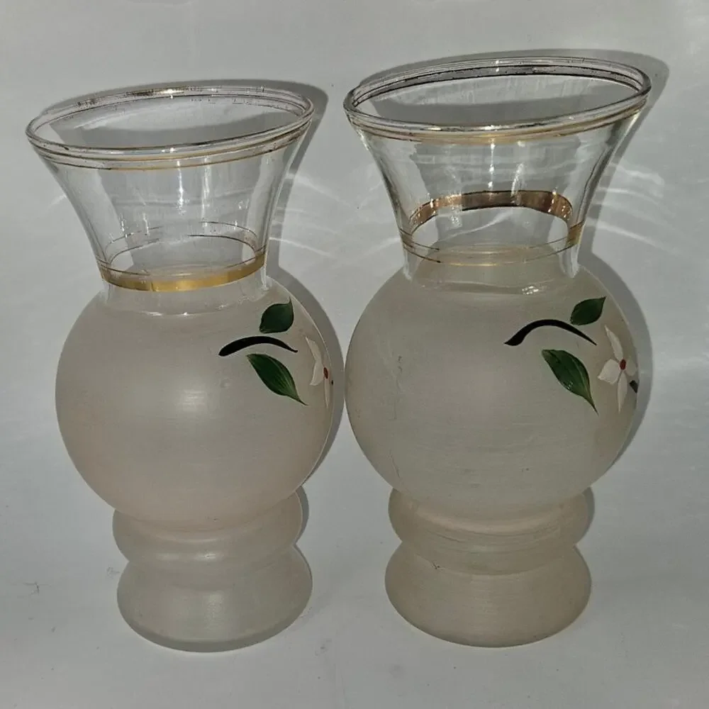 Vintage Frosted Glass Floral Bud Vases Gold Trim – Pair 6" Tall - Picture 4 of 8